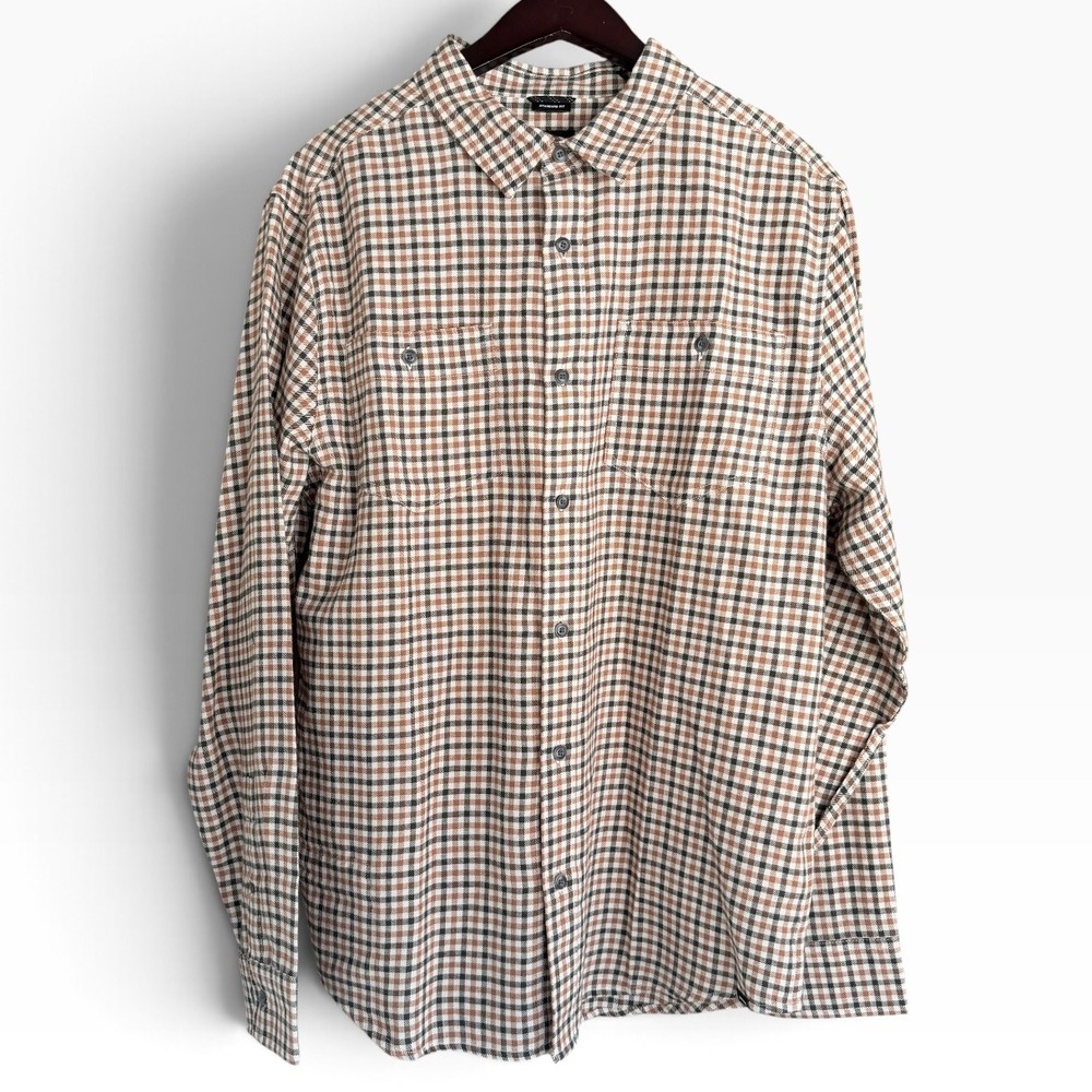 prAna Men's Medium Dolberg Flannel Shirt Brown Navy Plaid Organic Cotton NWT